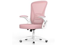 a pink office chair with wheels on an isolated white background, viewed from the front