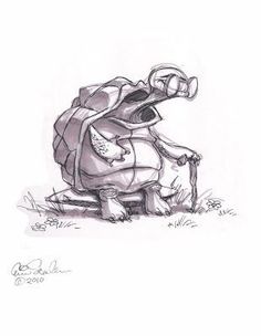 a drawing of a tortoise sitting on top of a wooden chair in the grass