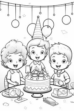 two kids are standing in front of a birthday cake