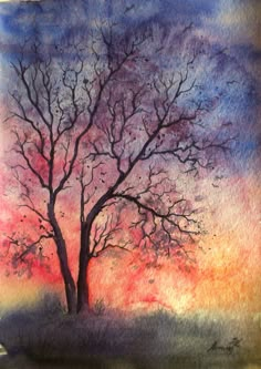 a watercolor painting of a tree with purple and red colors in the sky behind it