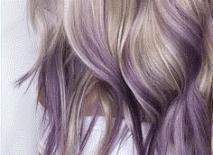 Dark Blonde Lavender Hair, Ash Blonde With Purple Peekaboo, Peekaboo Hair Color Purple Blonde, Purple Root Smudge Blonde, Purple And Blonde Balayage, Grey Hair With Purple Peekaboo, Purple Grey Balayage, Short Blonde Hair With Purple Tips, Purple Highlights Blonde Hair Straight