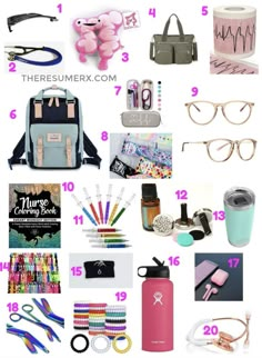 the contents of a travel bag are shown in this collage, including sunglasses and other items