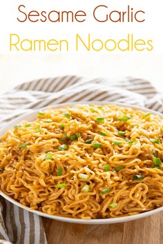 sesame garlic ramen noodles in a white bowl on a wooden table with text overlay