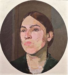 an oil painting of a woman's face in a circle