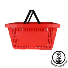 a red plastic shopping basket with black handles