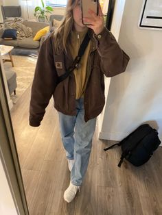 How To Style Carhartt Jacket, Long Sleeve Carhartt Shirt Outfit, Outfits With Carhartt Vest, Fall Jackets Aesthetic, Outfit With Carhartt Jacket, Brown Carhartt Jacket Outfit Women, Outdoorsy Outfits Winter, Women’s Beanie Outfit, Oversized Carhartt Jacket Outfit