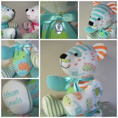 several pictures of stuffed animals with different patterns and colors, including one bear wearing a blue bow