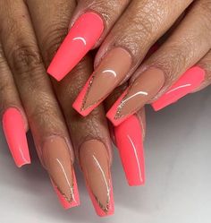 Holiday Coffin Nail Designs, Nails Coral Pink, Summer Acrylic Nails Coral, Summer Nails Bright Pink, Free Style Nail Designs, Summer Nails Coral Pink, Coffin Coral Nails, Holiday Nails Summer Acrylic, Neon Salmon Nails