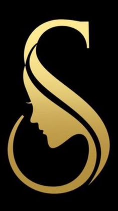 the letter s with a woman's face in gold on a black background,