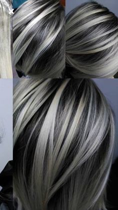 My new hair color Gray Hair With Black Underneath, Black Hair With Platinum Highlights Short Hair, Black Hair With Platinum Highlights, Black Lowlights, Pixie Highlights, Brown Hair With Silver Highlights, Chic Hairstyle, Hair Highlights And Lowlights