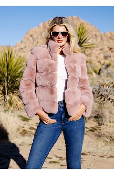 Horizontal quilting adds to the glamorous effect of a soft and fluffy faux-fur jacket that's a luxurious way to layer up for the cooler seasons. Stand collar Lined 100% polyester faux fur Machine wash, line dry Imported Faux Fur Jacket Outfit, Fur Jacket Outfit, Pink Faux Fur Coat, Faux Fur Cropped Jacket, Slouchy Boots, Fabulous Furs, Perfectly Posh, Faux Fur Jacket, Faux Fur Coat