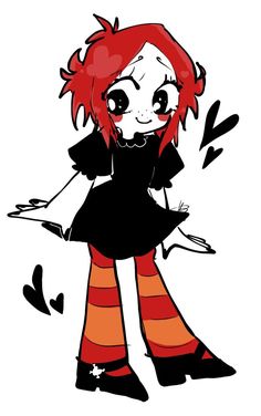 a drawing of a girl with red hair and black dress, standing in front of white background