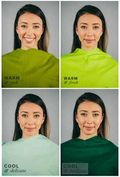 four different pictures of a woman's face with the words warm and cold on them