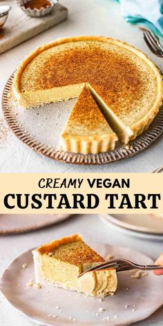 a slice of creamy vegan custard tart on a plate