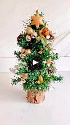 a small christmas tree decorated with pine cones and other holiday decorations is shown in front of a white background