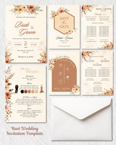 wedding stationery templates with flowers and leaves on them, including an envelope for the bride