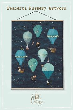 a poster with several hot air balloons flying in the sky and stars on it's sides