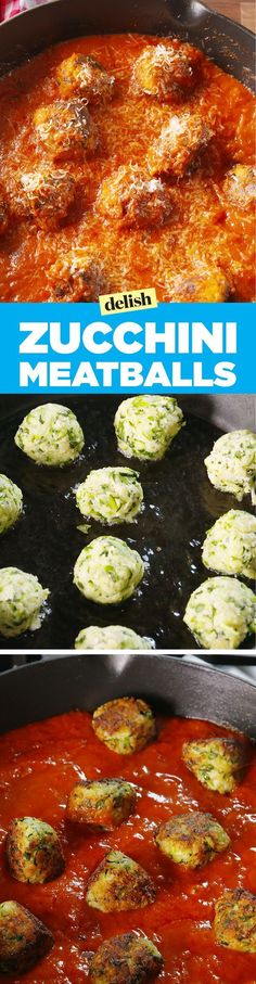 two pictures showing different types of meatballs in a pan and on the same side, there is an advertisement for zucchini meat balls