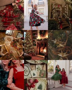 a collage of photos with women dressed up in christmas outfits and holiday decorations on them