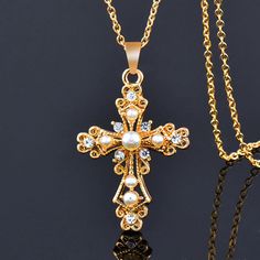 "Elegant, Beautiful Jeweled Cross and Chain, All Occasion Jeweled Piece, Very Delicate Pearls on an Elegant Detailed Design Cross. White and Yellow Gold Plated. Perfect for the Wedding Party, Bride, Bridesmaids. All Occasion Cross. Approx. Size 1 1/2\" x 1\", Chain is approx. 18\". Available in: Silver Tone w/Silver Tone Chain Gold Tone w/Gold Tone Chain" Infinity Cross, Ethiopian Jewelry, Mens Cross Necklace, Heart Rings, Pearl Necklace Wedding, Pendant Necklace Gold, Butterfly Kisses, Gold Cross Necklace, Gold Cross Pendant