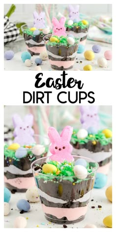 easter dessert cups with chocolate frosting and candy eggs