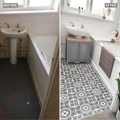 before and after photos of a bathroom remodel with tile flooring, tub, sink, toilet and window