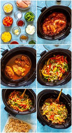 the steps to make chicken fajita casserole in slow cooker are shown