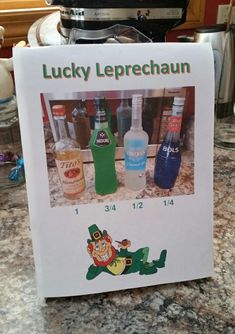 an advertisement for lucky leprechaun is displayed on the counter top in front of a blender