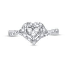 Show your love with this romantic heart-shaped diamond ring for her. Styled in wonderful sterling silver, the eye-catching ring features a heart-shaped center cluster of sparkling round-cut diamonds that is embellished with a heart-shaped frame of dancing round-cut diamonds totaling 1/5 carat in diamond weight. The elegant band features dancing round diamonds to complete the look. Sterling Silver Heart Diamond Ring With Center Stone, Sterling Silver Heart Ring With Center Stone For Promise, Sterling Silver Heart Shaped Promise Diamond Ring, Heart Promise Rings Kay Jewelers, Heart-shaped Sterling Silver Diamond Ring For Formal Occasions, Heart Shaped Diamond Ring, Heart Promise Rings, Diamond Promise Ring, Heart Shaped Frame