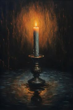 a painting of a lit candle sitting on top of a body of water in front of a dark background