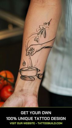 a person with a tattoo on their arm is holding a bowl and spoon in his hand