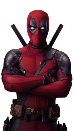 a deadpool character is standing with his arms crossed in front of him and the words deadpool on it