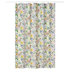 a shower curtain with colorful flowers and leaves on the outside, in front of a white background