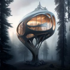 an unusual building in the middle of a forest with lots of trees and fog around it