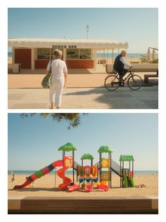 two pictures of people walking and riding bikes on the beach, one with a child's playground