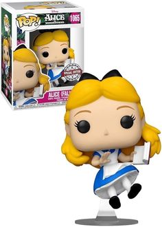 the pop vinyl figure is shown in front of a white box with an image of alice