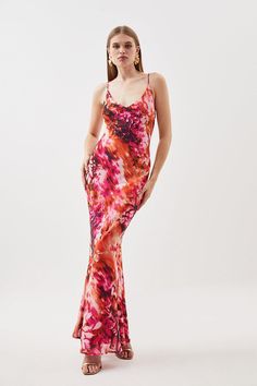 Languid Proportions Are Offset By A Vibrant Tie-Dye Pattern For This Artful Maxi Dress, Taking Cues From Traditional Slip Dresses With A Contouring Form-Fitting Silhouette. This Column Style Lands At A Fluted Hem, Calling For Metallic Stilettos And Matching Hoop Earrings.V-Neckslim Shoulder Strapsfitted Bodicemaxi Length Slip Dress Maxi, Latest Maxi Dresses, Slip Maxi Dress, Cami Slip Dress, Maxi Dress Collection, Slip Dresses, Maxi Slip Dress, Tie Dye Patterns, Dress Maxi