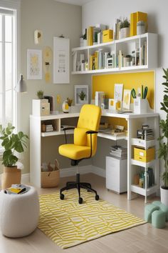 a yellow chair sits in front of a white desk with shelves and books on it