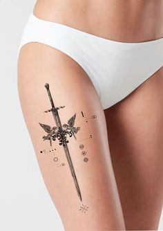 “A sword forged in devotion, guarded by celestial watchers. This design represents strentgh, protection, and unseen battles we fight within.” #tattooinspiration Line Leg Tattoo, Fine Line Leg Tattoo, Leg Tattoo Design, Tattoo Cover-ups, Leg Tattoo, Tattoo Pattern, Tattoo Placement, Forearm Tattoo, Thigh Tattoo