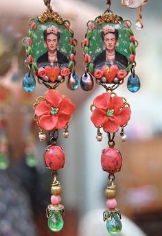 Frida Earrings, Frida Kahlo Earrings, Coral And Green, Frida And Diego, Eclectic Jewelry, Frida Art, Frida Kahlo Art, Roses Vintage