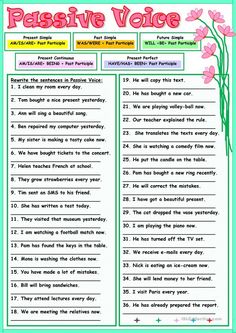 the passive voice worksheet with pink flowers and green leaves on top of it