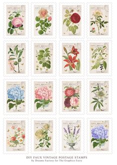 stamps with flowers on them and the words, diy flay vintage postage stamps