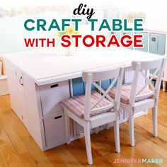 a white table with two chairs underneath it and the words diy craft table with storage above it