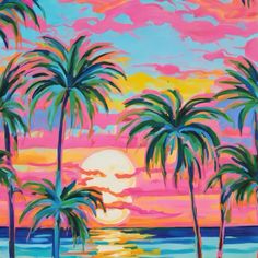 a painting of palm trees in front of a sunset