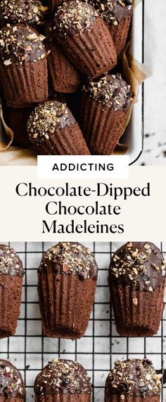 chocolate cupcakes on a cooling rack with the words adding chocolate - dipped chocolate to them