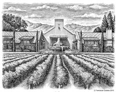 a black and white drawing of a farm house