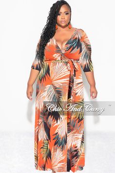 Polyester %: 95 Spandex %: 5 Model is wearing 1x Dress With Waist Belt, Winter Deep, Chic And Curvy, Printed Long Dresses, Long Knit, Maxi Knit Dress, Palm Print, Faux Wrap Dress, Deep V Neck