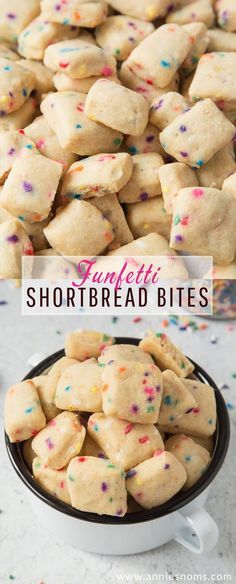 shortbread bites with sprinkles are in a bowl and on the table