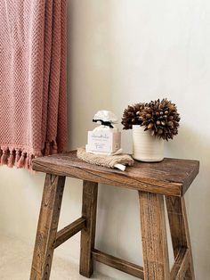 a wooden table topped with a potted pine cone next to a window sill