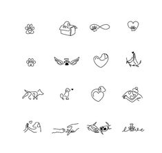 the different types of tattoos are shown in black and white, including hearts, dogs, cats